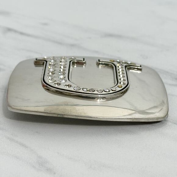 Rhinestone Studded U Letter Initial Monogram Silver Tone Belt Buckle - Picture 6 of 9